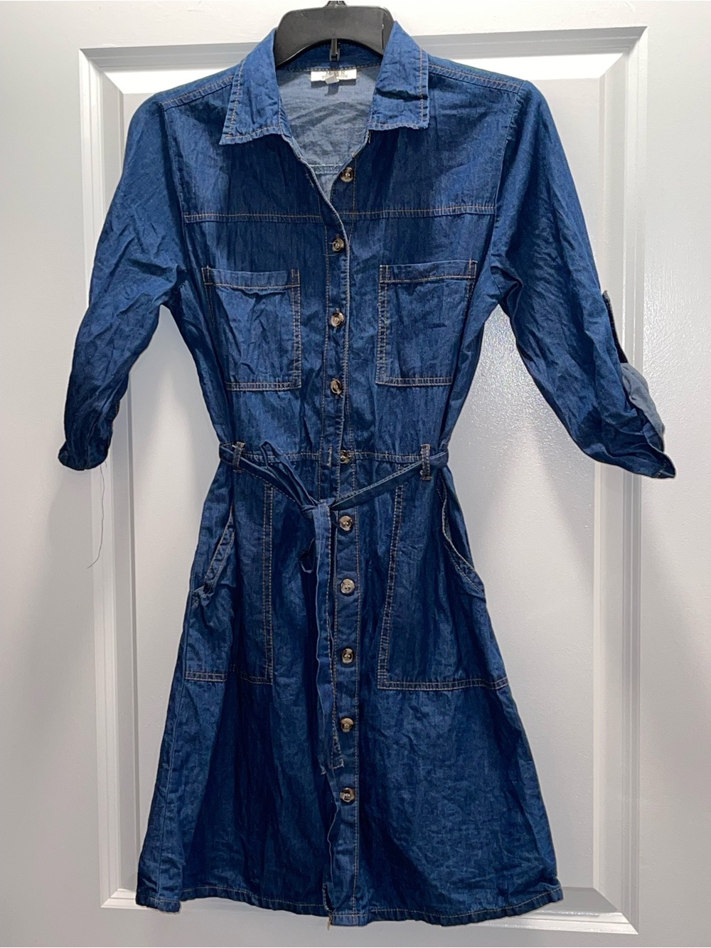 MPH Collection Denim Shirt Dress in Medium Blue-Size PS (Petite Small)